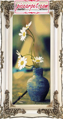 تابلو فرش گلدان گل با قاب چوبی سفید