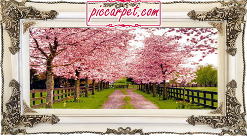 تابلو فرش شکوفه درختان با قاب چوبی سفید